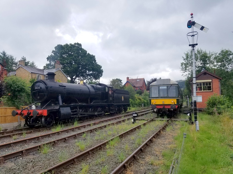 Class 108 and steam locomotive no. 3802 at Llangollen Goods Junction