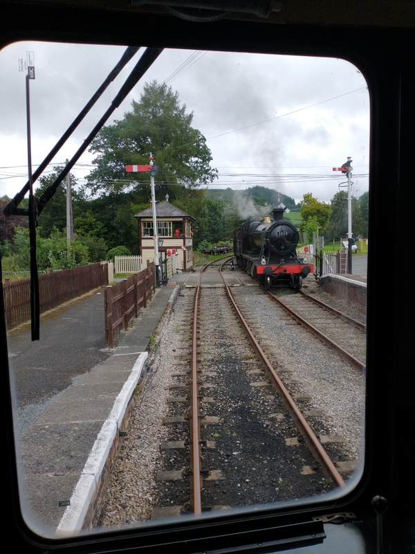 GWR 2-8-0 no. 3802 passing the class 109 Wickham at Glyndyfrdwy on 21/08/21