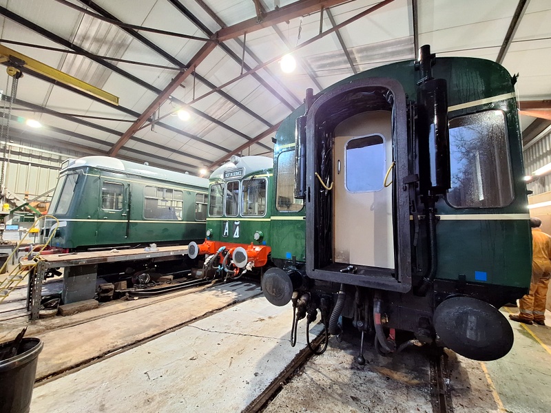 Class 108 56223 and class 109 56171 and 50416 inside the shed at Pentrefelin
