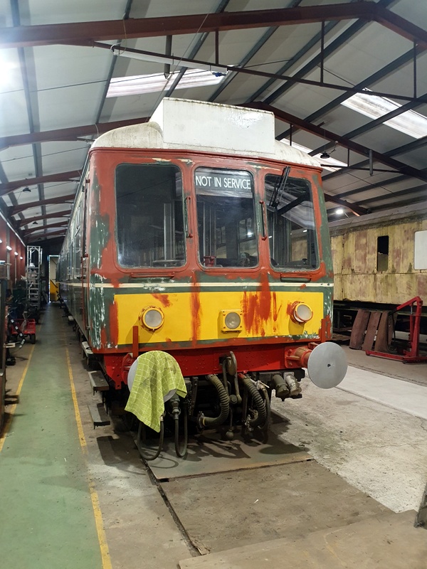 Class 108: The cab of the power car undergoing repairs and repaint