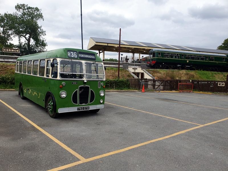 Wickham class 109 and a former Crosville bus at Corwen on 23/08/25 Wickham class 109 and a former Crosville bus at Corwen on 23/08/25