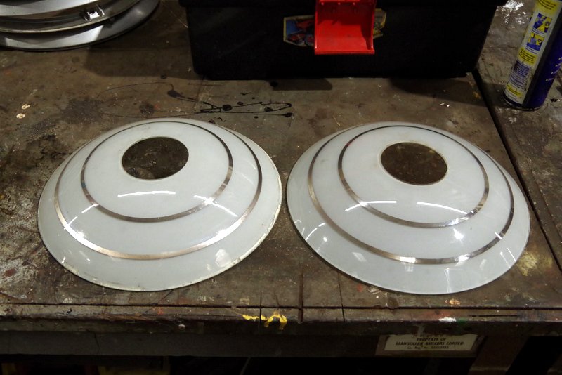 Class 110: Frosted glass 'Bullseye' lampshades following cleaning