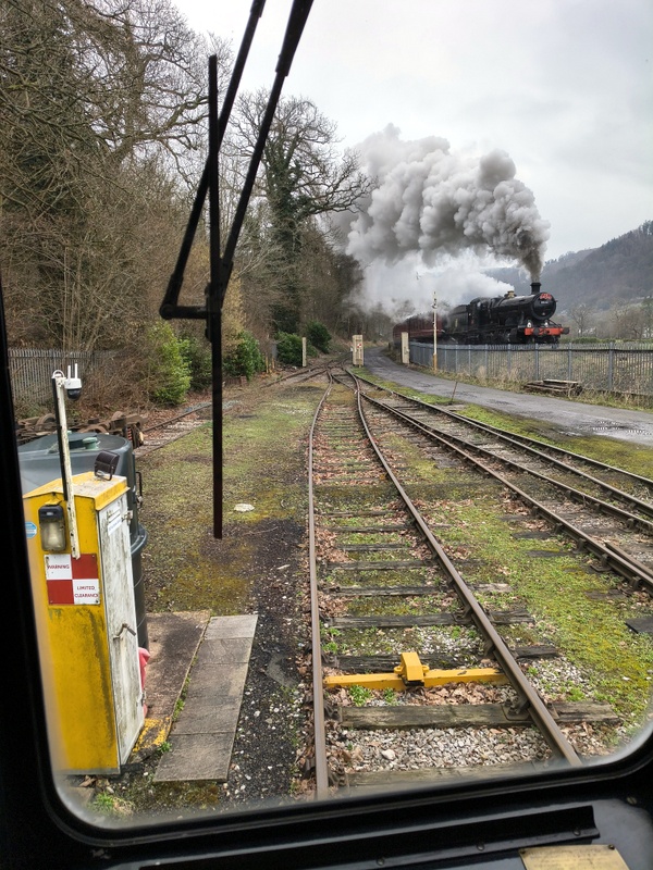 Steam locomotive no. 3802 seen from the cab of Wickham class 109 no. 56171