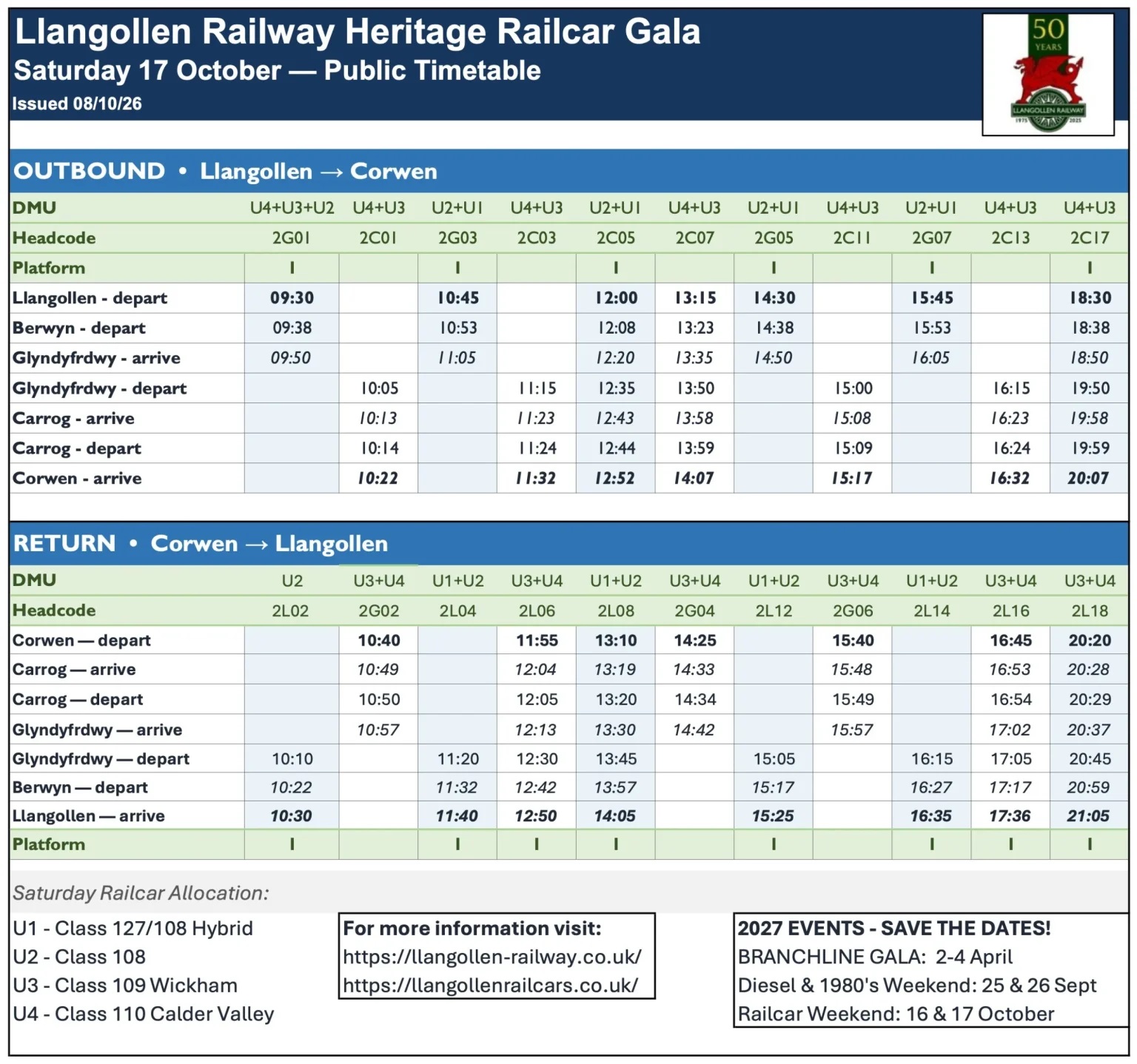 2026 Heritage Railcar Gala Saturday timetable