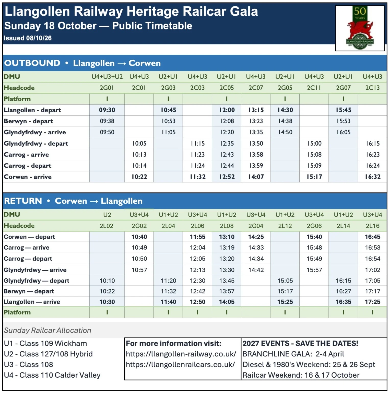 2026 Heritage Railcar Gala Sunday timetable
